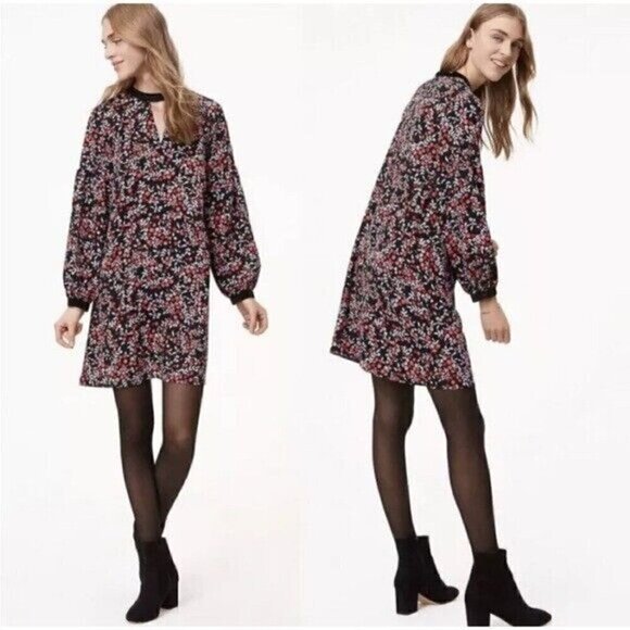 Loft Floral Berry Women’s Dress Size M Velvet Trim Keyhole Cut Out Long Sleeve - Picture 1 of 9